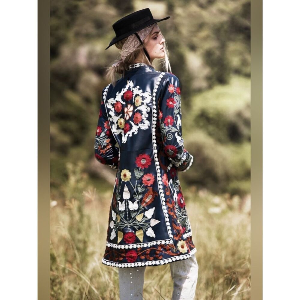 RARE Vintage Rubyyaya Embroidered Floral Navy Trench Coat Cottagecore